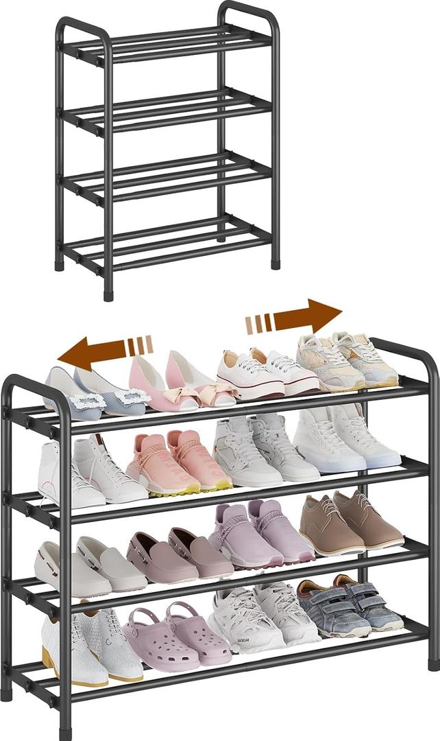 KANAV 4-Tier Expandable Shoe Rack  Adjustable Shoe Organizer & Shoe Storage for Closet, Entryway, and Front Door  Space-Saving Shoe Shelf and Rack Organizer for Home - Black