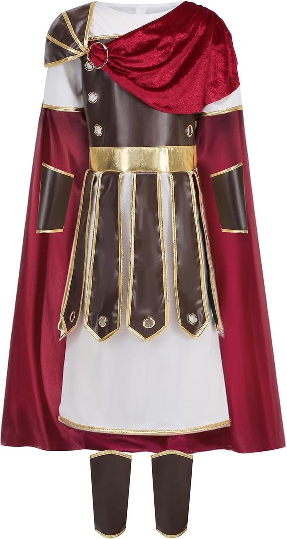 Roman Warrior Costume for Boys, Kids Gladiator Medieval Soldier Cosplay Knight Viking Outfits Halloween Dress Up, Size 12-14Y