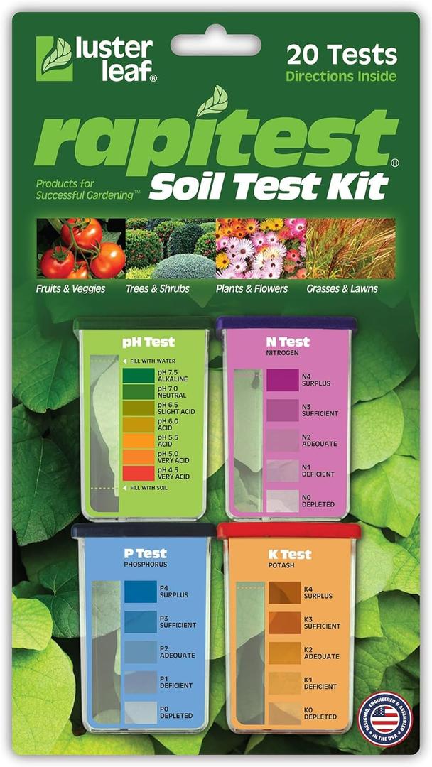Rapitest Soil Test Kit for Gardens, Vegetables, Flowers and Lawns. USA designed and assembled soil tester completely, quickly and accurately measures/analyzes soil pH acidity and garden nutrients