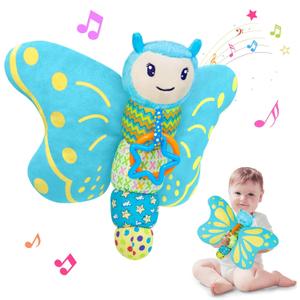 Baby Toys 0-6 Months, Infant Musical Sensory Stuffed Animal with Squeaker, Rattle, Crinkle Wings, Teether & Hanging Ring, Tummy Time Toy for Newborn 0-3-6-12 Months Boys & Girls Gift, Butterfly, Blue