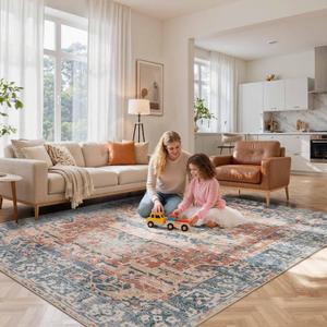 Rugxara 8x10 Area Rugs for Living Room Bedroom, Large Washable Rug, Coral Vintage Retro Boho Rug, Non Slip & Low Pile Faux Wool Thin Carpet for Indoor Dining Room, Kids Room(Coral Blue 8x10ft)