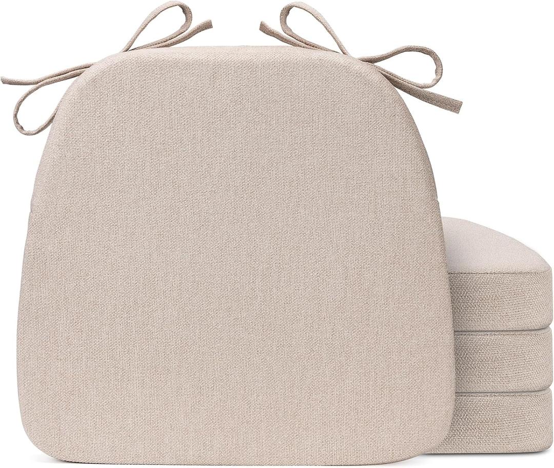 Chair Cushions for Dining Chairs, D-Shaped Seat Cushions with Removable Washable Cover and Ties, Chair Pads for Kitchen, Indoor Dining Room, Patio Chairs, 17'' x 16'', Set of 4, Beige