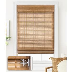 LazBlinds No Tools No Drill Cordless Bamboo Roman Shades, Light Filtering Window Treatment, Roll Up Bamboo Blinds for Window 27'' W x 64'' H, Squirrel
