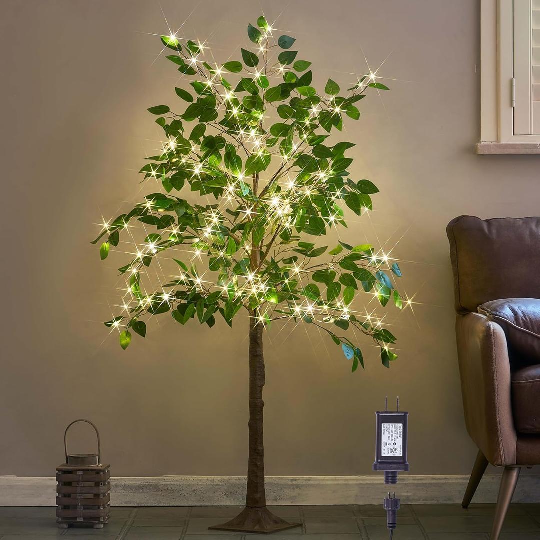 Hairui Artificial Ficus Silk Tree Lights 4FT 140LED Fairy Lights, Faux Plant Tree with Lights for Home Room Spring Summer Decoration Inside