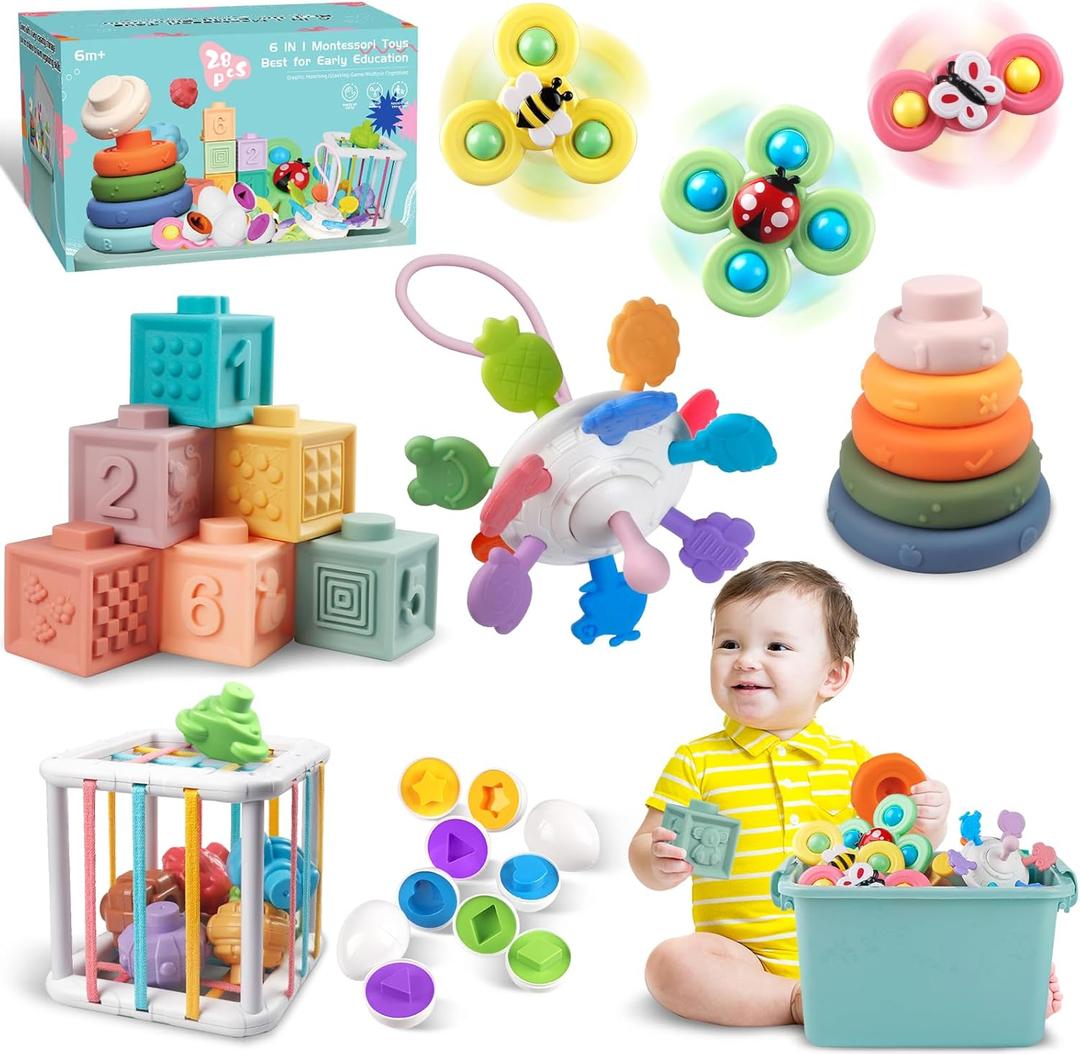 Baby Toys for 6 to 12 Months, Montessori Sensory Bins & Teething Toys, 6 in 1 Stacking Blocks, Rings, Eggs, Spinner, Crab Shape, 27 Pieces, Ages 6-36 Months