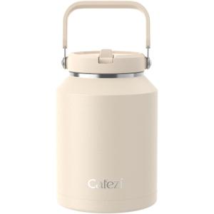 64oz Insulated Water Bottle, Stainless Steel Water Bottles with Flip Straw and Top Handle, Leak Proof, Iced for 34 Hours, 64 oz Tumbler (Cream)