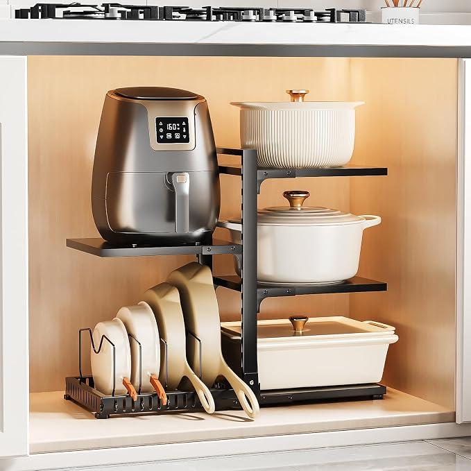 PureBox 5 Tier Pot Rack Pans Organizer Adjustable 8 Pots Kitchen Storage
100lbs Heavy-Duty Reinforced Carbon Steel Removable Lid Holder Rustproof & Durable Adjustable Leveling Feet