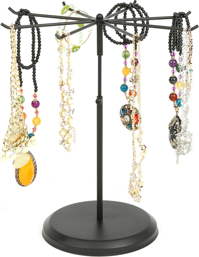 MyGift Black Metal Rotating Necklace and Bracelet Organizer Jewelry Stand with 8 Hooks and Adjustable Height, Multipurpose Accessory Keychain Holder Display Rack for Retail (Black (1 Tier))