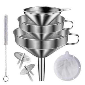 Stainless Steel Funnels for Kitchen use,3PCS Large Kitchen Metal Funnel with 2 Removable Strainer,Cleaning Brush,200 Mesh Food Filter,Funnel for Filling Bottles,for Transferring of Liquid,Oils,Jam