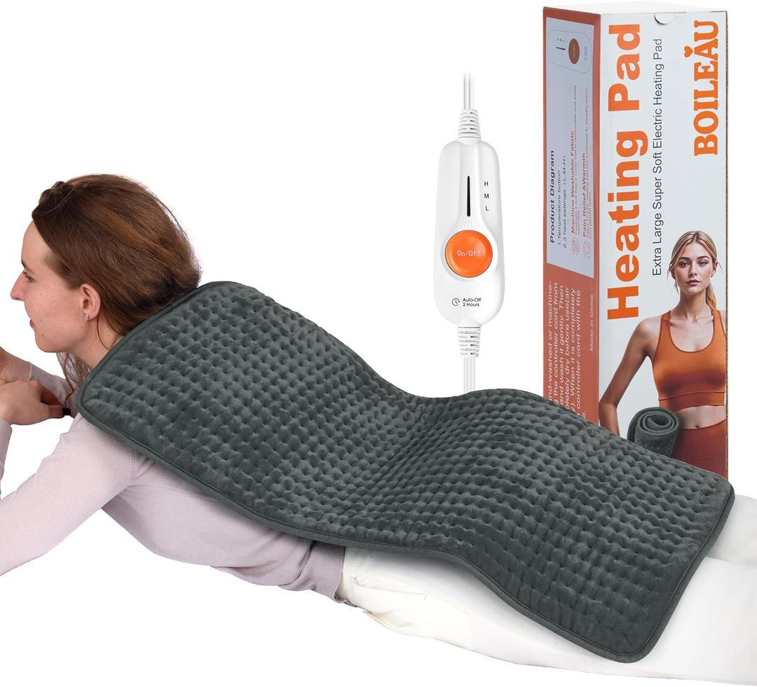 Boileau Electric Heating Pad for Back Pain and Period Cramps Relief, 17"x33" Extra Large XXXL, 3 Heating Levels Heat Pad with 2-Hour Auto Shut Off, Gifts for Women and Mom, Grey