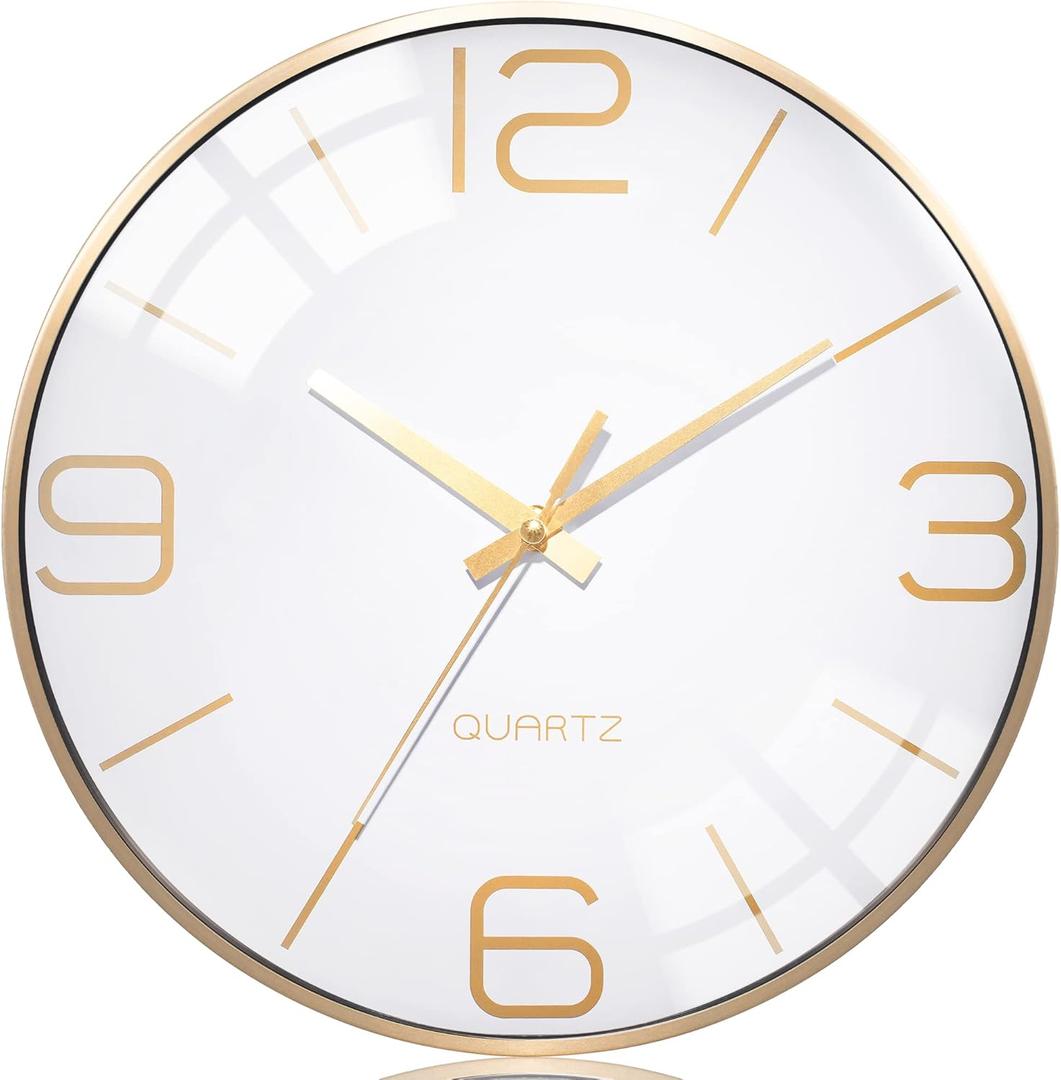 AYRELY 12 Inch Silent Modern Wall Clocks Battery Operated, Wall Clock for Living Room Dcor,Gold Metal Frame Clock Decorative for Bedroom,Kitchen,Office (White)