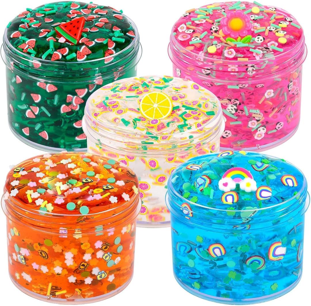 Valentine's Day Clear Slime Kit, 5 Pack Crunchy Glitter Crystal Slime Party Favor Gifts, Stress Relief Toy for Girls and Boys, Soft Non-Stick Putty Slime for Kids, DIY Birthday Glue Boba Glimmer