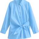 Womens Button Down Tie Front Shirt Long Sleeve Collared Pull on Blouse for Office Work Casual Wear (XL)