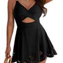 Women One Piece Swimsuit Tummy Control Cutout Skirt Bathing Suit Gold Metal Twist Front Swim Dress (Large, Black)