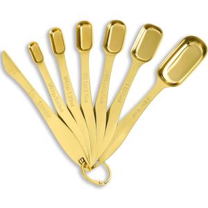 Rainspire Heavy Duty Measuring Spoons Set Stainless Steel, Metal Measuring Cups and Spoons Set for Dry or Liquid, Fits in Spice Jar, Home Gadgets Kitchen Gadgets, Set of 7 Including Leveler, Gold
