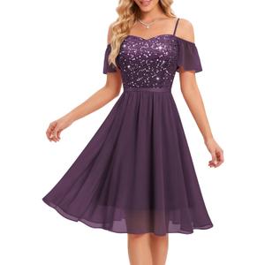 MUADRESS Sequin Cocktail Prom Dress for Teens Sparkly Lace Wedding Guest Dress for Women (Purple, XL)