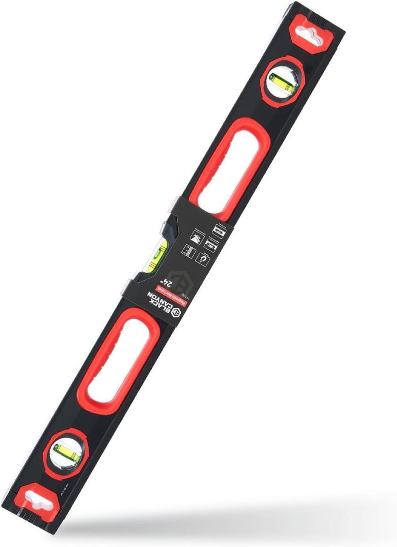 Black Canyon 24" Box Level, w/Magnetic Base, Vertical and Horizontal Measurement, Aluminum, Plastic Frame, Hang Hole, Vial Types, Suits Construction, Carpentry tasks, Plumbing, Installations