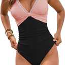 SEAFORM Womens One Piece Swimsuit Tummy Control Swimsuits V-Neck Push Up Swimwear Full Coverage Slimming Bathing Suits (Large, Pink/Black)