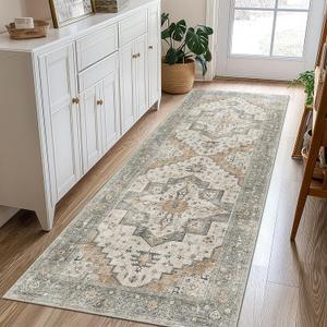 2X10 Area Rugs Machine Washable Runner Rugs for Living Room, Vintage Boho Rugs for Bedroom Dining Room, Non Slip Indoor Soft Distressed Lightweight Thin Low Pile Carpet, Taupe