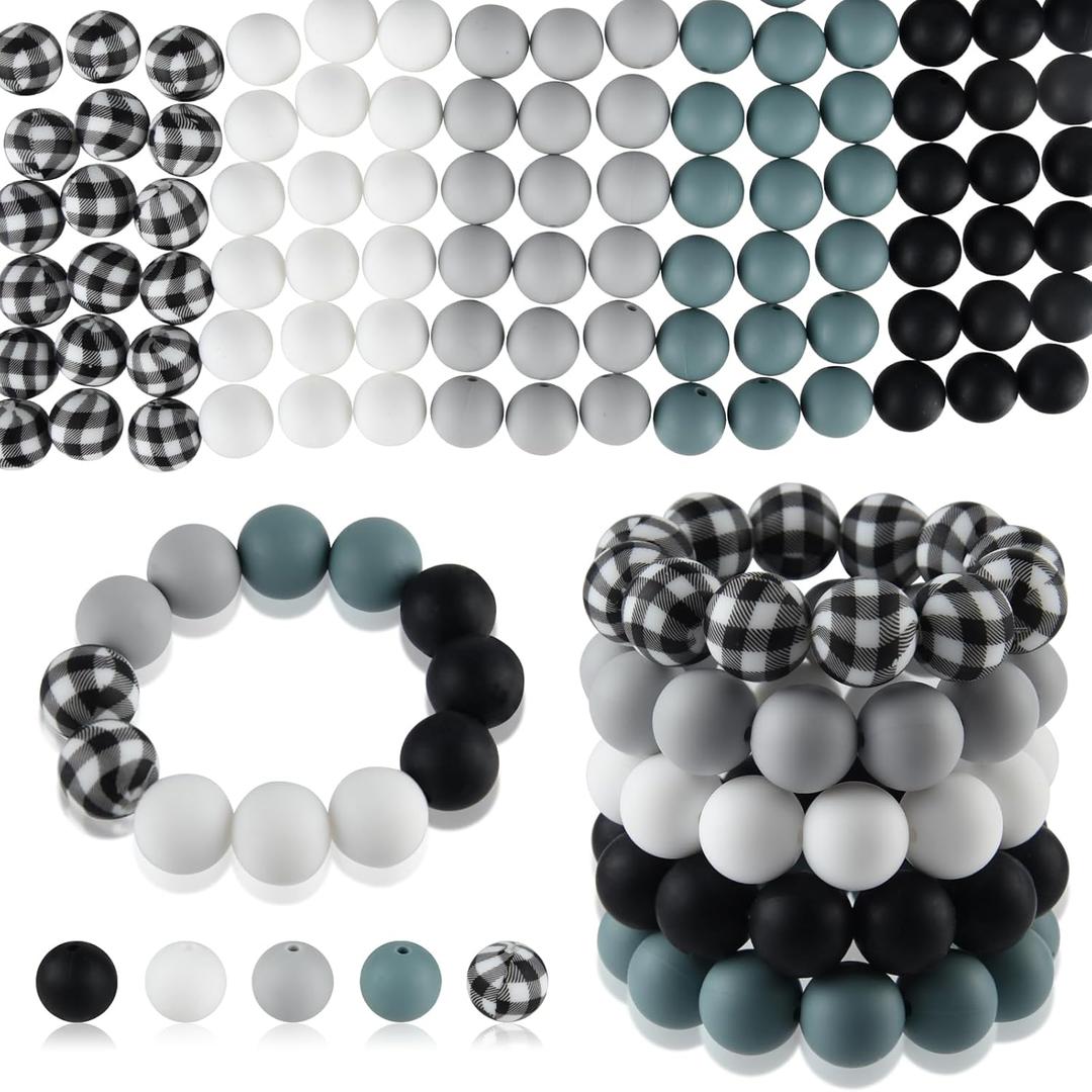 ASTARON 100 Pcs 15mm Silicone Beads for Crafts, 5 Colors: Grey, Light Grey, White, Black, Plaid Pattern