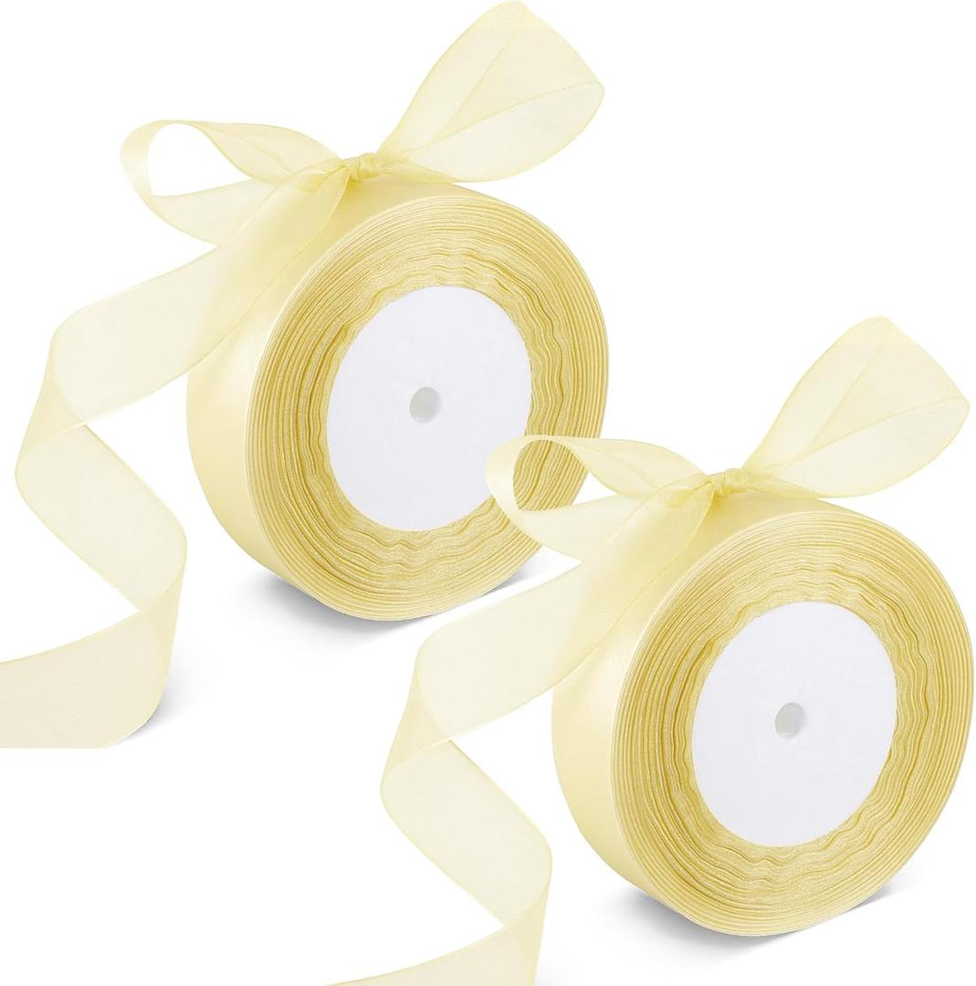 2 Rolls Light Yellow Organza Sheer Ribbon 50 Yards 1 Inch Shimmer Sheer Organza Ribbon Tulle Chiffon Fabric Ribbons for Gift Wrapping Wedding Bouquet Crafts Bowknot Gift Hair Decoration