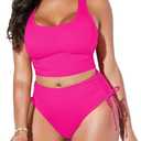 Pink Queen Women's Scoop Neck Racerback Ruched Crop Top High Waisted Bikini Sets 2 Piece Swimsuit Bathing Suit (Large)