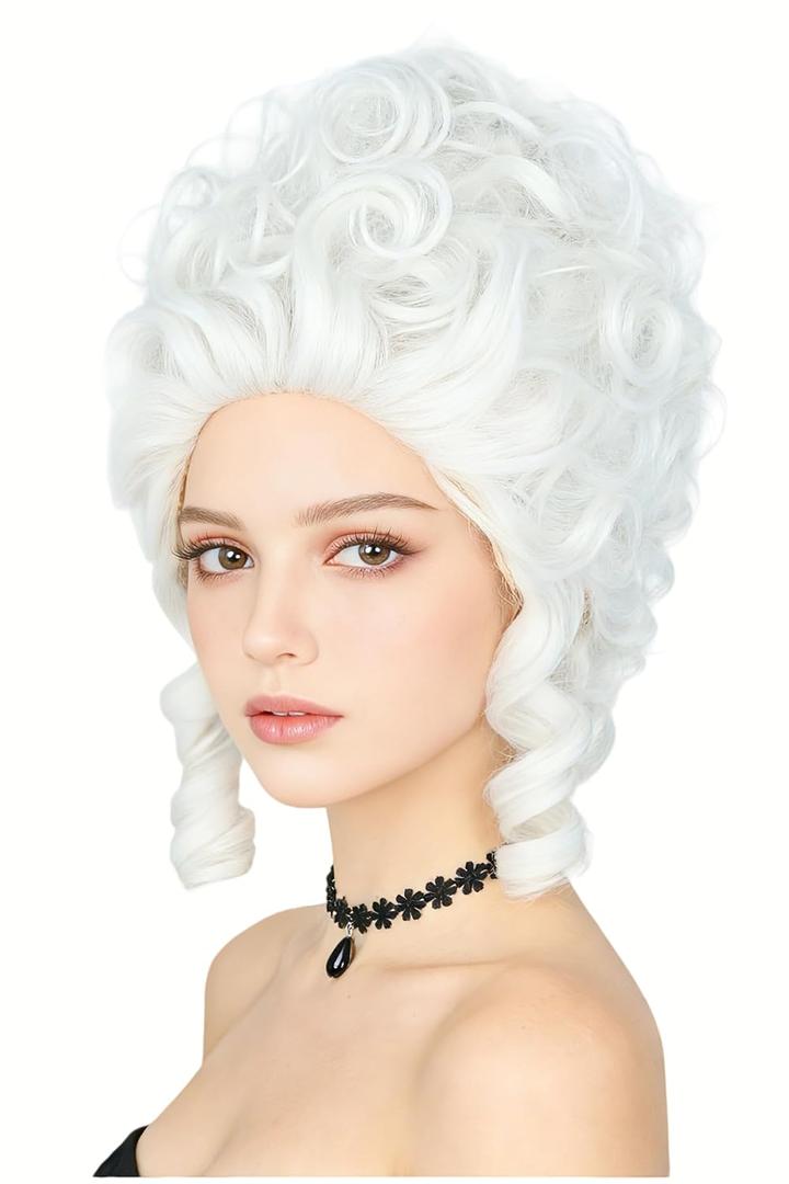Colonial Wigs for Women White Victorian Court Vintage Wig Baroque Fluffy Beehive Wigs Halloween Costume Party Dress Wig