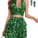 Ovokcina Women's St Patricks Day Outfits 3pcs Sexy Green Halter Shamrock Clover with Crop Tank Top, Short Skirts, Earrings Ot3-01-XL