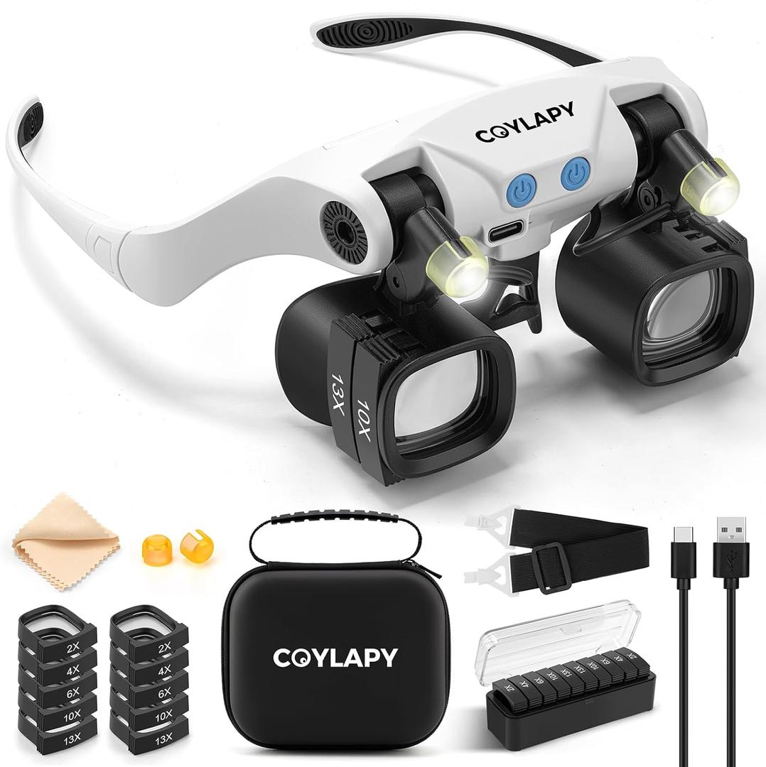 COYLAPY Magnifying Glasses for Close Work, Jewelers Magnifying Glass with Light & 5 Interchangeable Lens Pairs(2X 4X 6X 10x 13x), Headband Loupe Magnifier for Watch Repair,Crafts, w/Storage Case