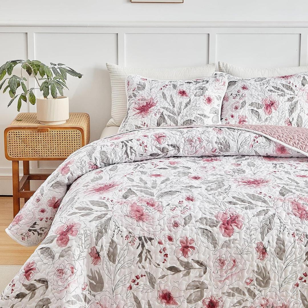 Flysheep Botanical Quilt Set King Size 3 Pieces, Blush Pink and Grey Flowers Printed Elegant Floral Summer Bedding Set, Soft Microfiber Lightweight Bedspread/Coverlet for All Season - 104"x90"