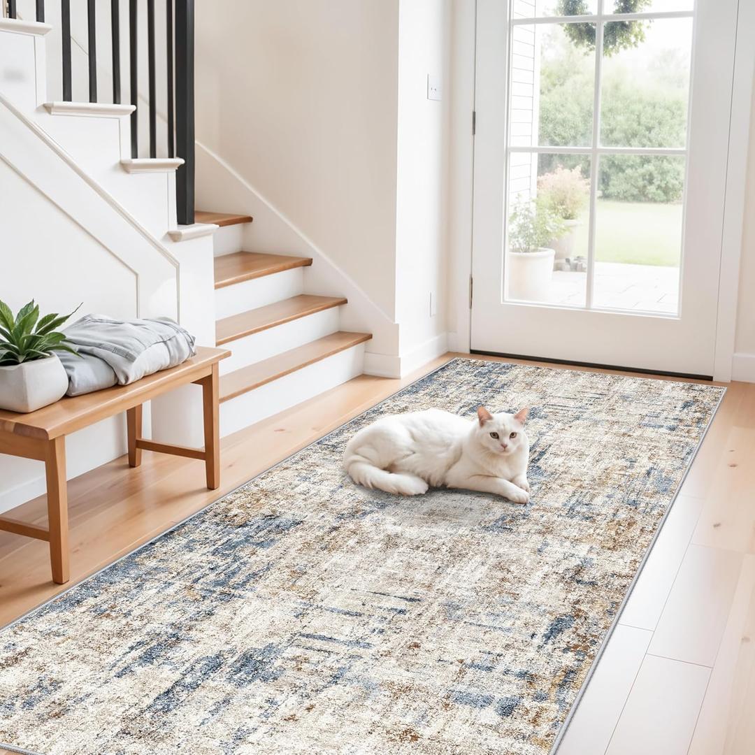 3x8 Washable Non-Slip Runner Rug Modern Abstract Neutral Wide Carpet Runner for Kitchen, Hallway, Entryway, Bathroom, Bedroom Low-Pile Thin Floor Mat (Blue Brown)