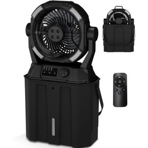 Misting Fan Portable Camping Fan 42800mAh Rechargeable with Remote Control, 3 LED Light & Stepless Speed Control & Cooling Spray with 6L Bucket, Timer Function, Portable Handle, Rotating Hanging Hook (Black)