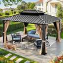 YITAHOME 10X12FT Hardtop Gazebo Double Roof Canopy Galvanized Iron Aluminum Frame Garden Tent Curtains Netting for Patios Backyards Decks Lawns (Brown)