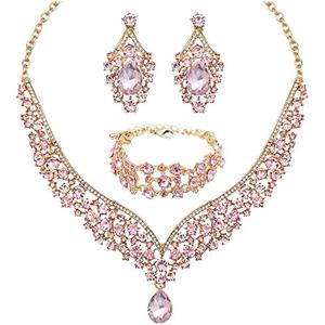 chaoyite Women's Statement Necklace Earrings Link Bracelet Set for Bride Austrian Crystal Wedding Bridal Costume Jewelry Sets