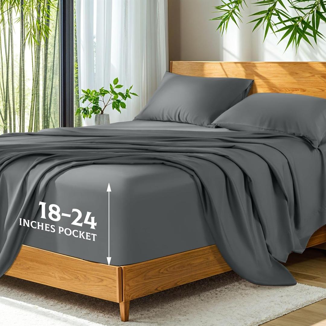 SONORO KATE 100% Viscose Derived from Bamboo_, Extra Deep Pocket up to 18"-24", Ultra Soft & Cooling Sheets for Hot Sleepers, Hotel Luxury Silky Bed Sheets (Dark Grey, King)