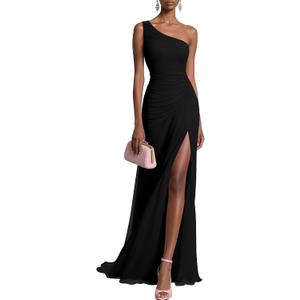 DAAWENXI Women's Elegant Formal Long Dress One Shoulder Sleeveless Mesh Ruched Bodycon Maxi Dresses Black Medium