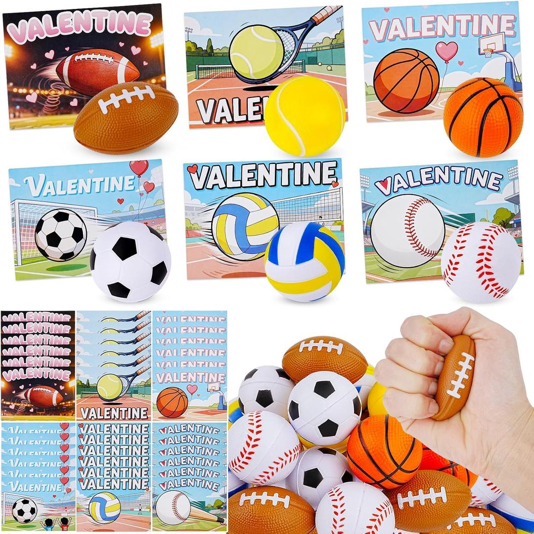 Tiaxidex Valentines Day Gifts for Kids, 36 PCS Sports Valentines Cards for Kids, 36 PCS Stress Balls, Classroom Prizes, Party Favors for Boys & Girls Classroom Gift Exchanges at School