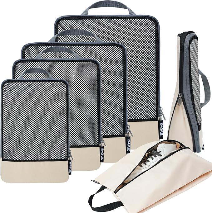 BAGAIL 4 Set/6 Set/8 Set Compression Packing Cubes Travel Accessories Expandable Packing Organizers(Beige HalfMesh 6 Set)