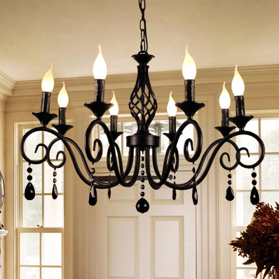 Ganeed Chandeliers,8-Light French Country Crystal Candle Chandelier,Industrial Black Vintage Pendant Light Fixture Hanging Lights for Living Room Kitchen Dinner Room Island Kitchen
