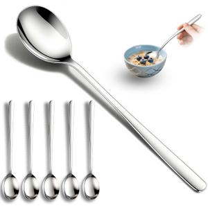 Set of 5 Premium Korean Soup Spoons, 8 Inch 18/10 Stainless Steel Long Handle Rice and Asian Spoon for Home, Kitchen, Restaurant, Cafe, Dishwasher Safe