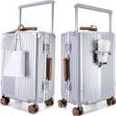 feilario 20" Aluminum Frame Wide Handle Hard Shell Carry On Suitcase - Vivid Colors Double Spinner Wheels Airline Approved Rolling Luggage with TSA Lock & Cup Holder (Silver, 20in)