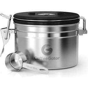 Coffee Gator Coffee Storage - 11oz Small Stainless Steel Tea and Sugar Containers - Stainless Steel Canisters with Date-Tracker, CO2 Valve for Freshness & Scoop - Silver