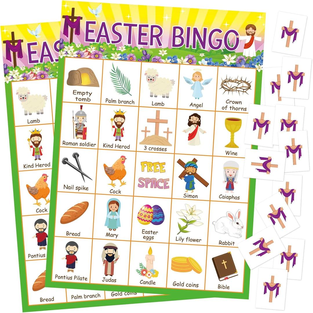Lewtemi Easter Bingo Game Religious Bingo Cards with 24 Players Games for Adults and Family Teens Vacation School Supplies Holiday Party Favors Easter Day Gifts
