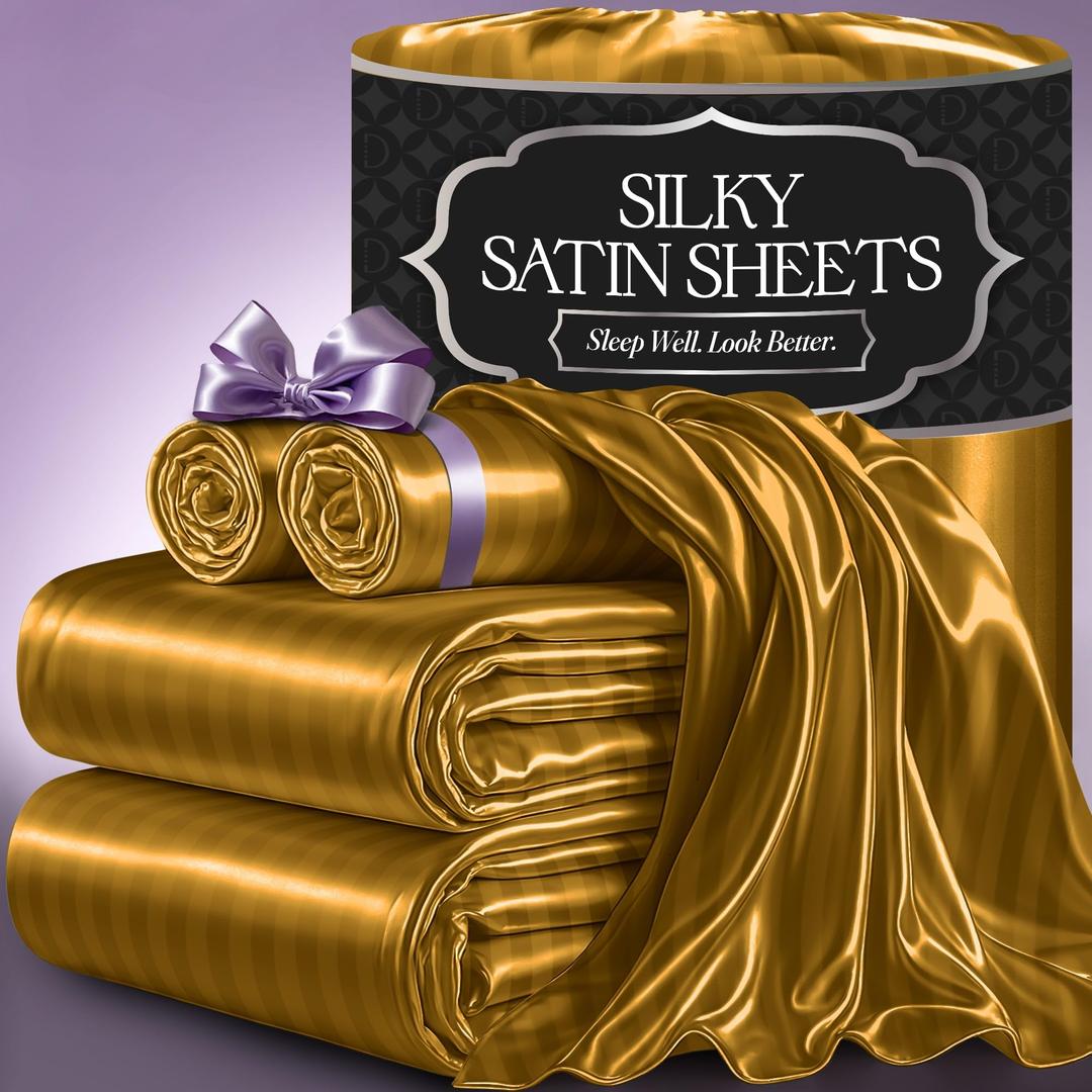 DECOLURE Satin Bed Sheets - 4 Piece Luxury Silky King Size Bedding Set - Softer Than Silk, Wrinkle-Free with 15” Deep Pocket Fitted Sheet, Perfect for Hair & Skin, Gifts for Women (Striped Gold)