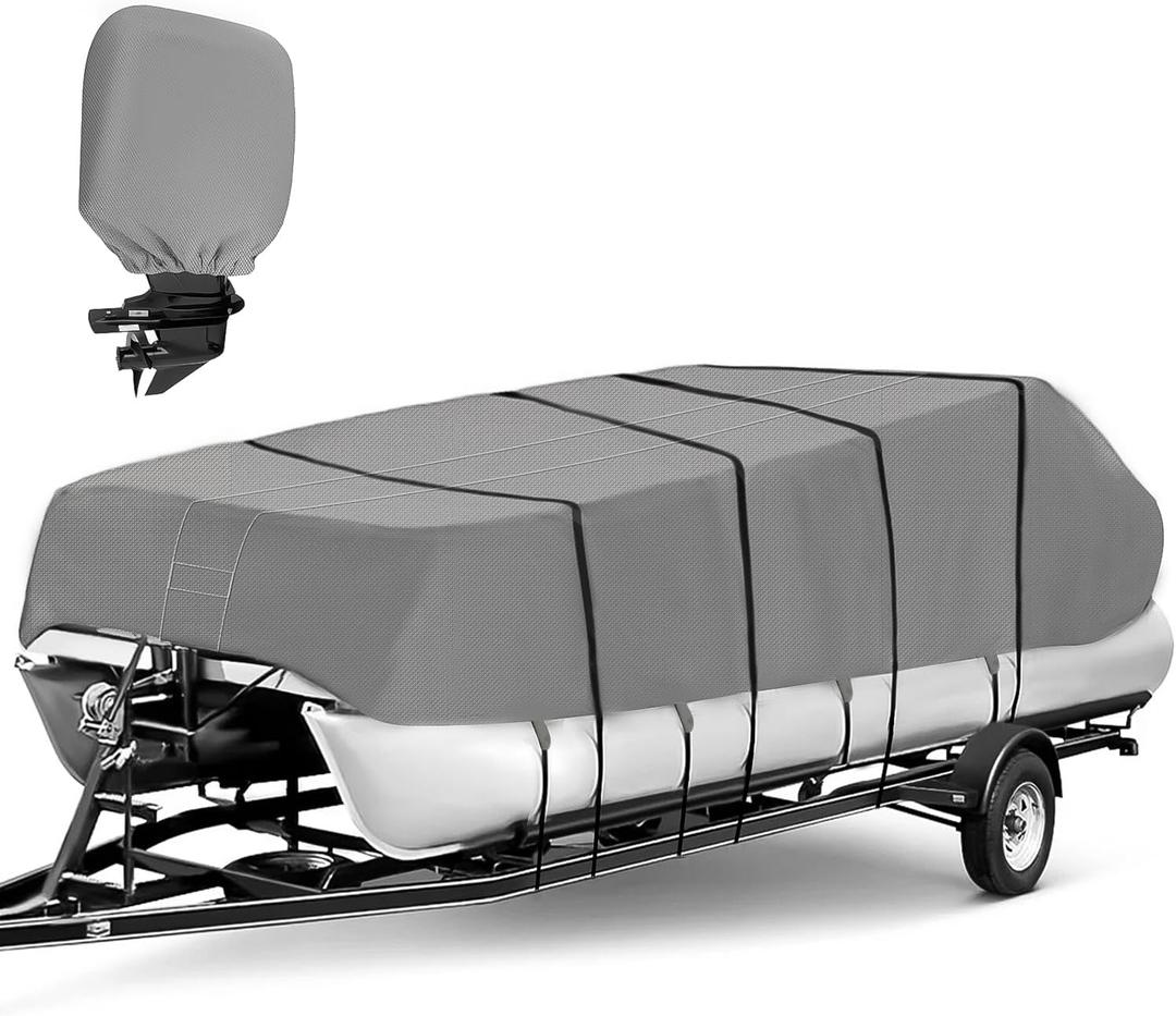 Obcursco Pontoon Boat Cover,20-23 ft Elastic Heavy Duty Waterproof with Motor Cover Resistant Oxford for Pontoon Deck Boats Accessories with Adjustable 16 Tie Down Straps (20-23ft,Gray) (20'-23' Long (Beam width up to 104'))
