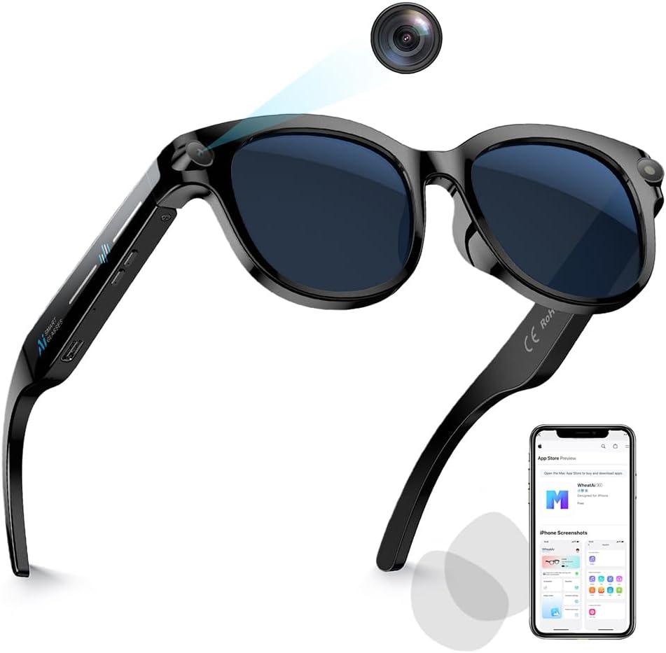 Smart Glasses with Camera, Bluetooth AI Sunglasses, Translation/Voice Control/Music Play for Travel, Conferences & Vlogging Unisex (Black)