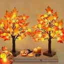 TURNMEON Thanksgiving Decorations 2 Pack 18 Inch Prelit Fall Maple Tree Fall Decor for Home with 48 LEDs Timer Battery Operated Pumpkin Lights 6 Acorn Halloween Thanksgiving Table Decor Indoor Outdoor