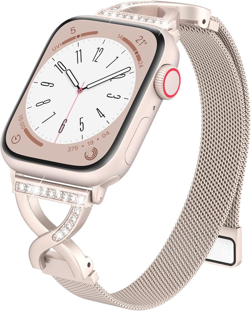 BRG Thin Mesh Loop Compatible with Apple Watch Bands for Women 40mm 41mm 38mm 42mm Series 11 10 9 8 7 6 5 4 3 2 1 SE, Metal Magnetic Stainless Steel Strap with X-Shape Diamond Clasp for iWatch Bands