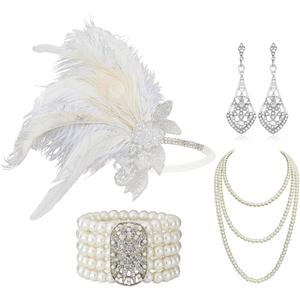 Cizoe 1920s Gatsby Accessories Set for Women Flapper Headband 20s Headpiece Necklace Gloves(od)