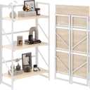 JSB 3 Tier No Assembly Folding Bookshelf, Industrial Metal Book Shelf for Storage, Vintage Wood Foldable Bookcase for Living Room, Bedroom, Office Organization Shelves, Flat Tube 3-Tier